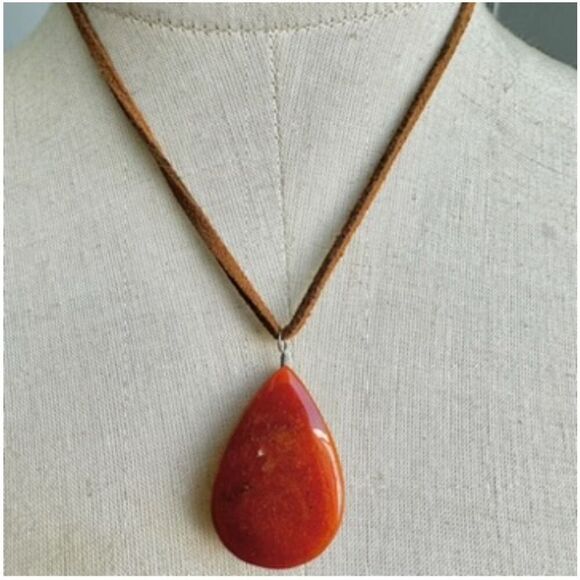 Carnelian teardrop pendant necklace on  brown cord - Picture 1 of 9